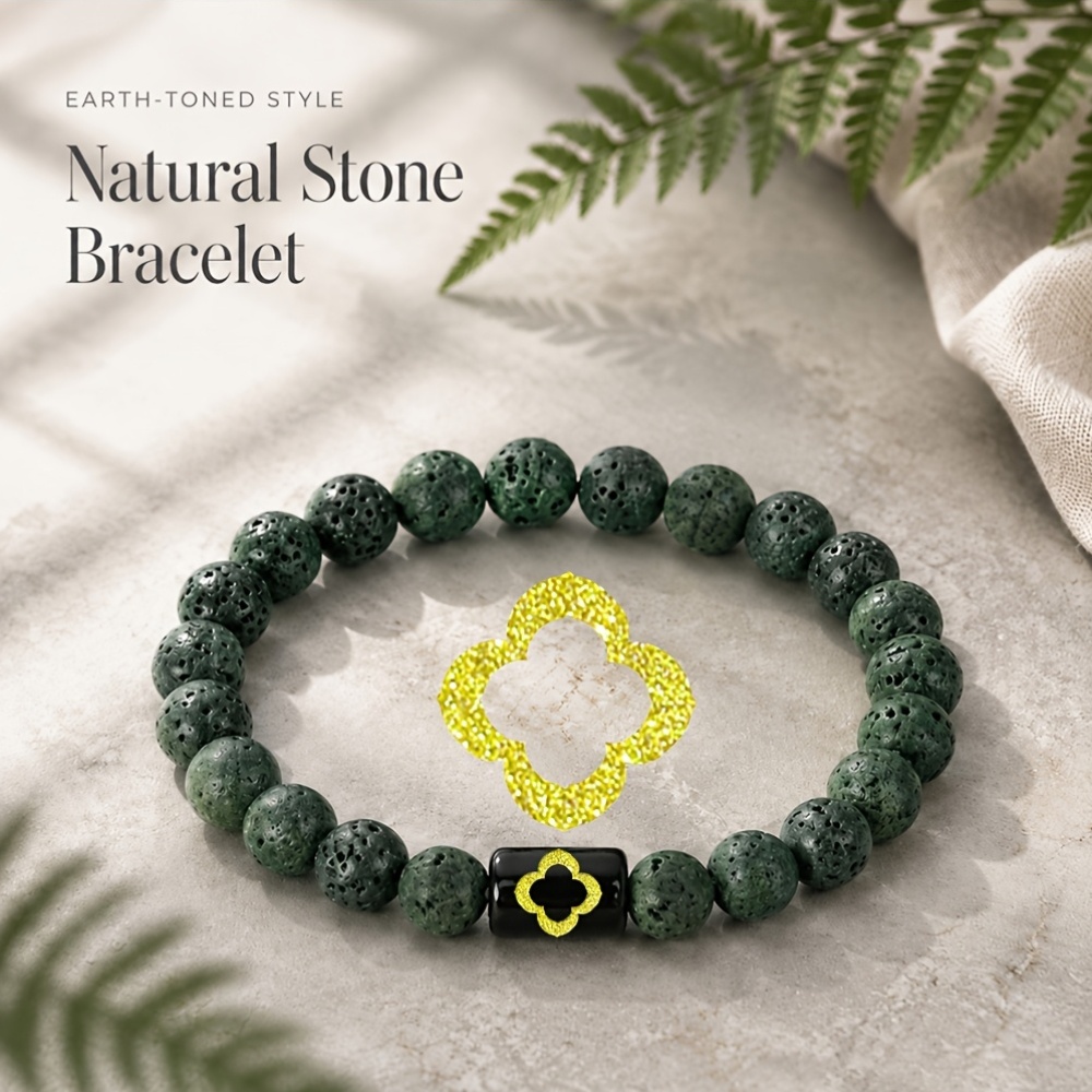 Women's Natural Stone Beaded Bracelet with Golden Four-Leaf Clover
